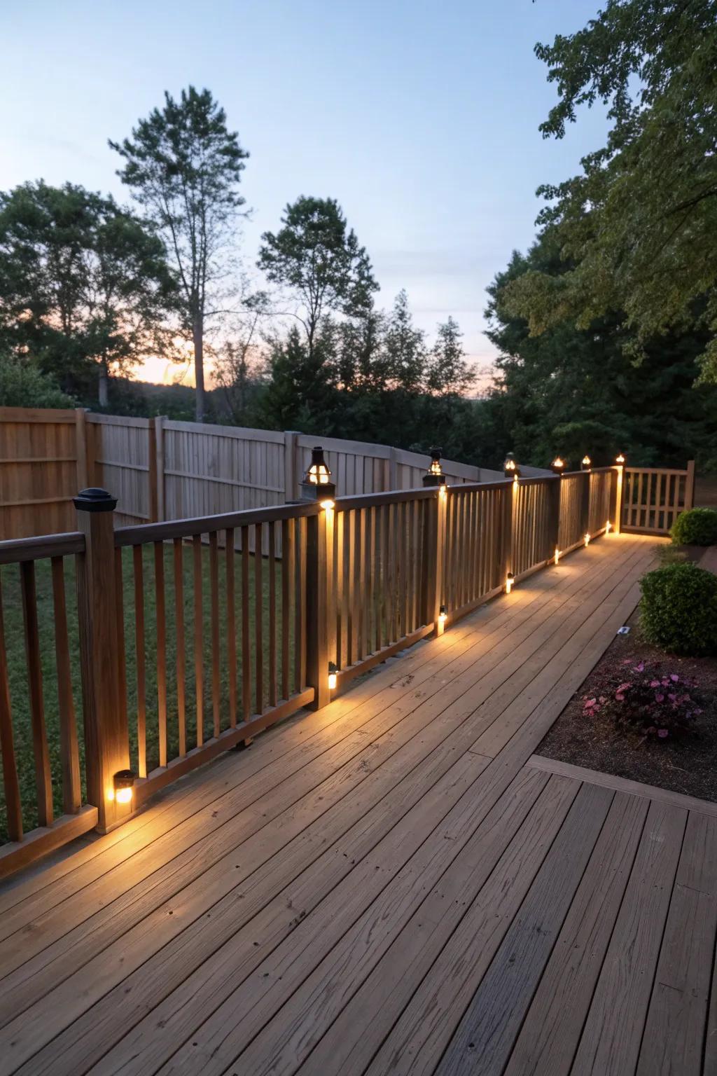 Fence-mounted lights offer seamless and warm illumination.