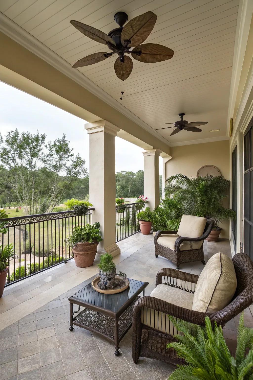 A ceiling fan keeps your balcony cool and breezy.