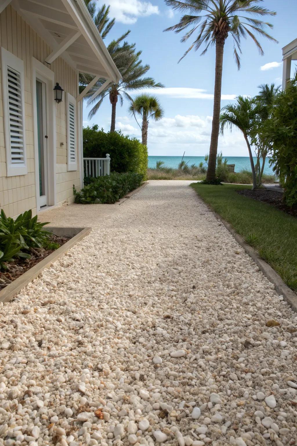 An oyster shell driveway offers coastal elegance and sustainability.