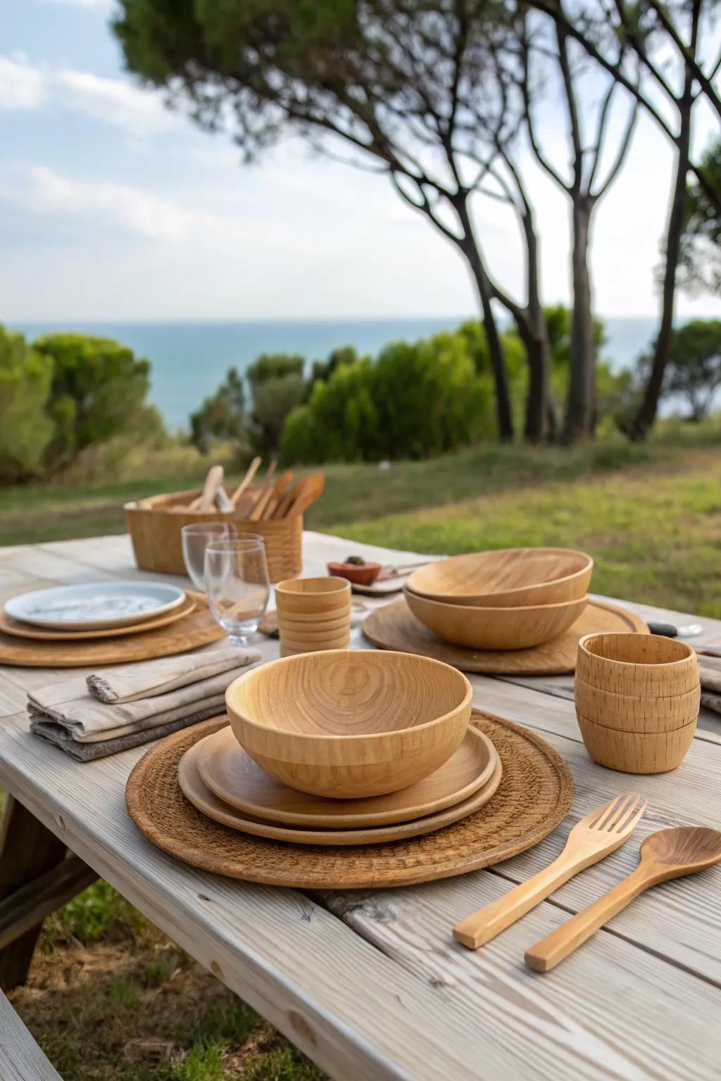 Eco-friendly bamboo dinnerware for a sustainable luxury picnic.