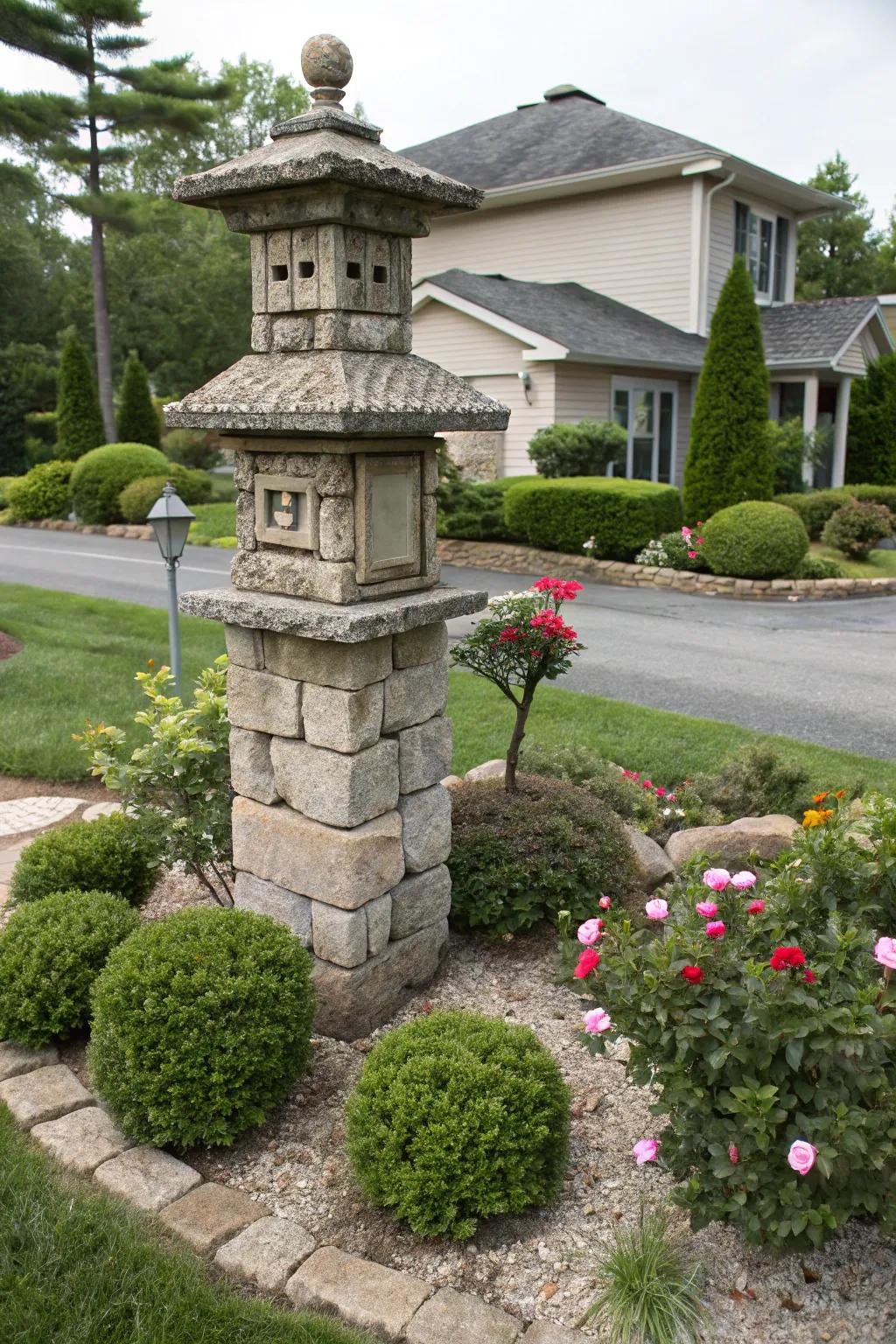 A tiered stone structure adds depth and grandeur to your mailbox.