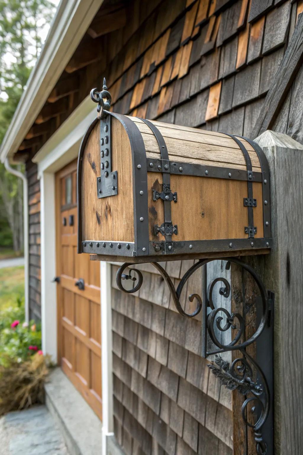 A wood and iron mailbox blends vintage charm with modern design.