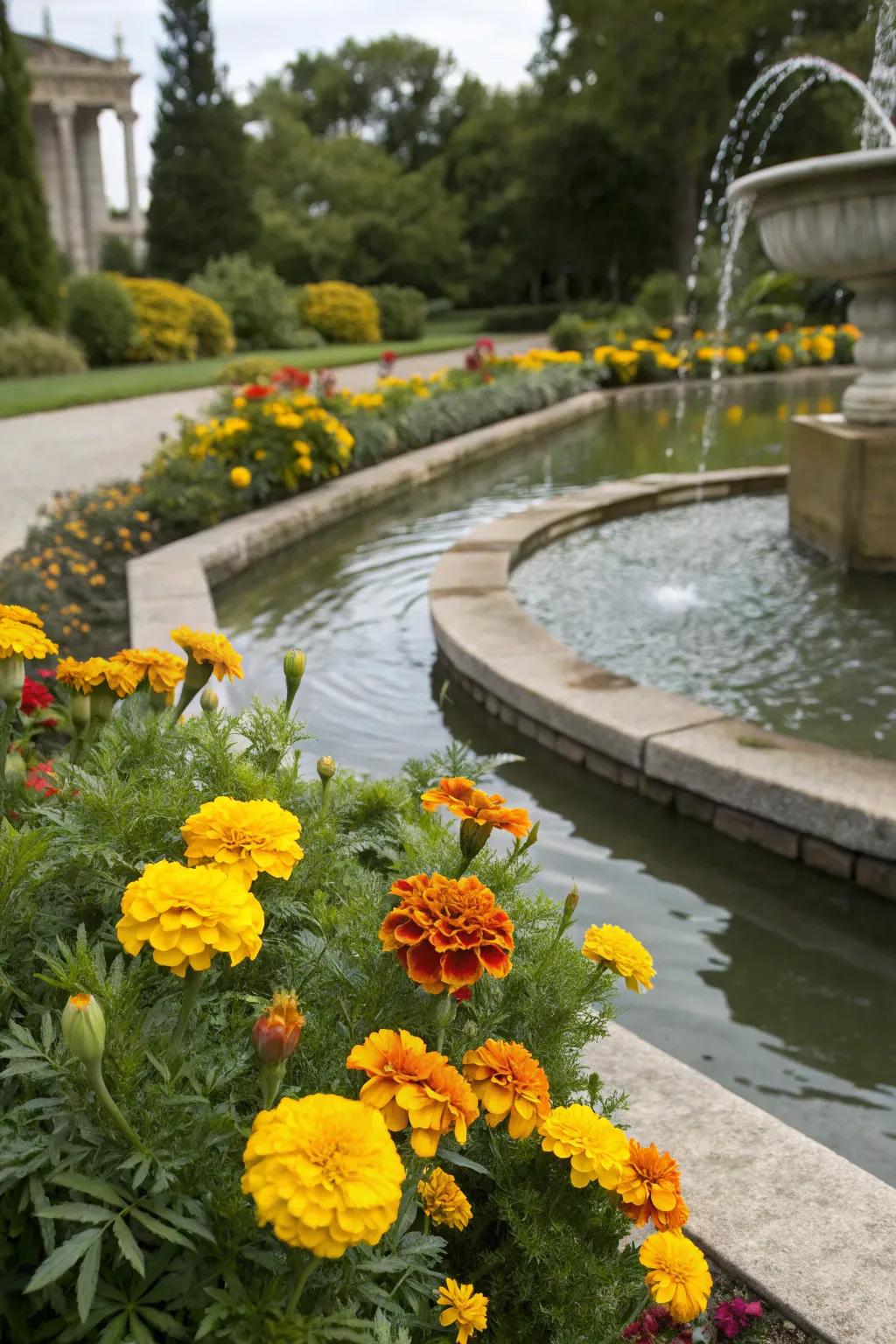 Marigolds add beauty to a garden's water feature.