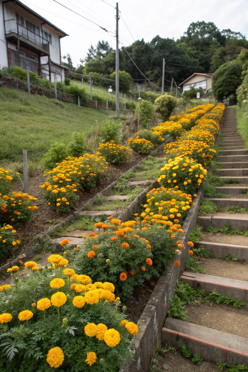 Terraced displays of marigolds create a stunning layered look.