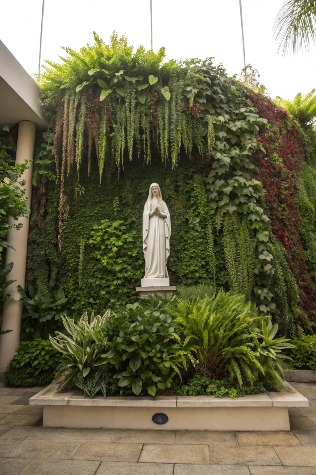 A living wall provides a lush backdrop for a Mary garden.
