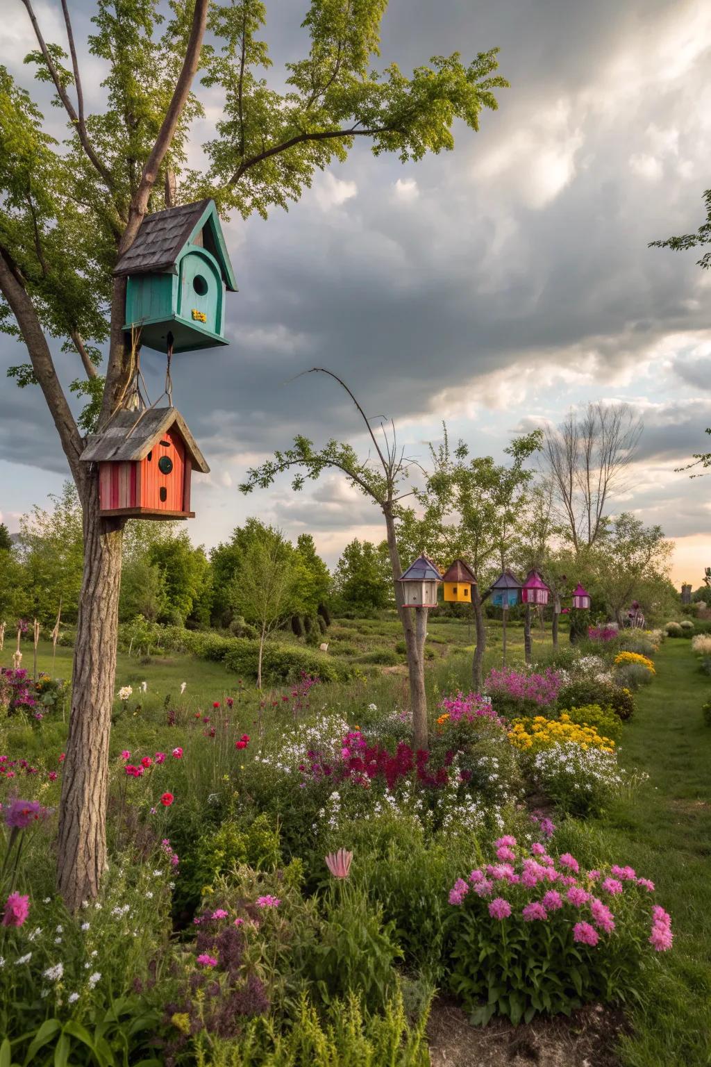 Birdhouses inviting avian visitors to the garden.