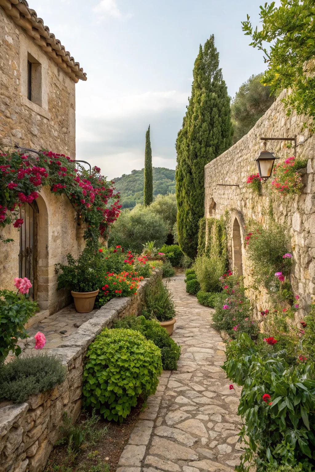 Rustic stone walls provide structure and charm to the garden.