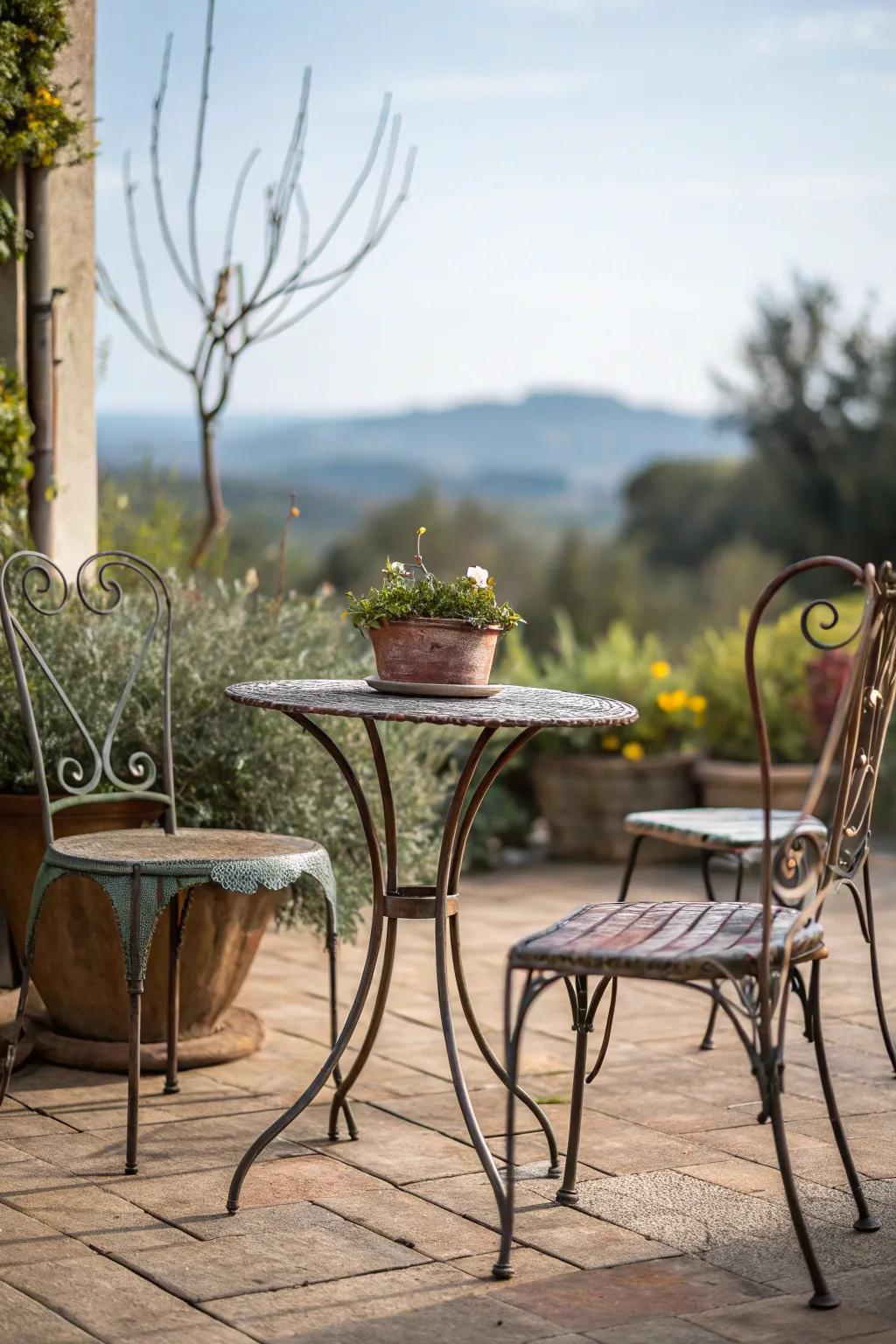 Rustic metal furniture enhances Mediterranean charm.