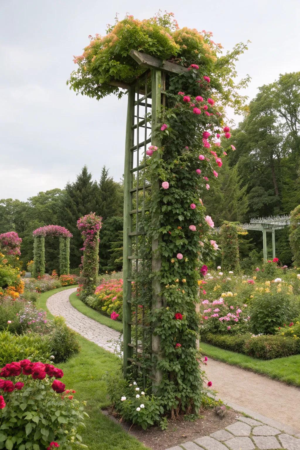 Climbing plants add charm and soften garden edges.