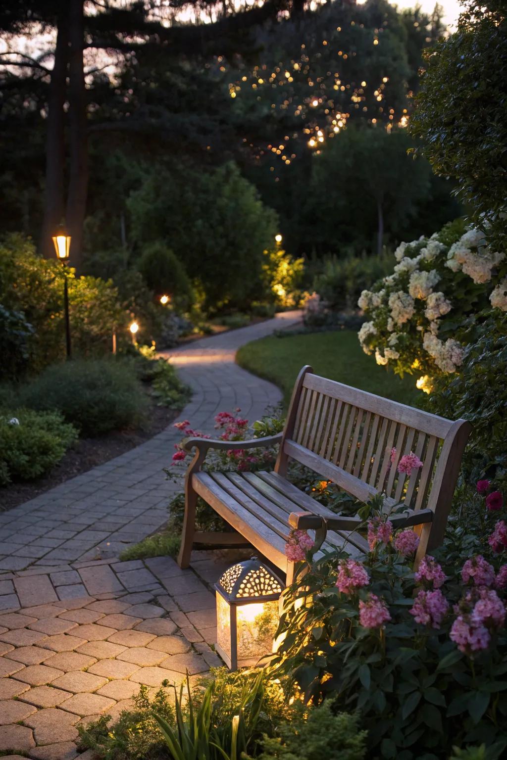 Solar lighting adds a magical evening glow to a memorial bench.