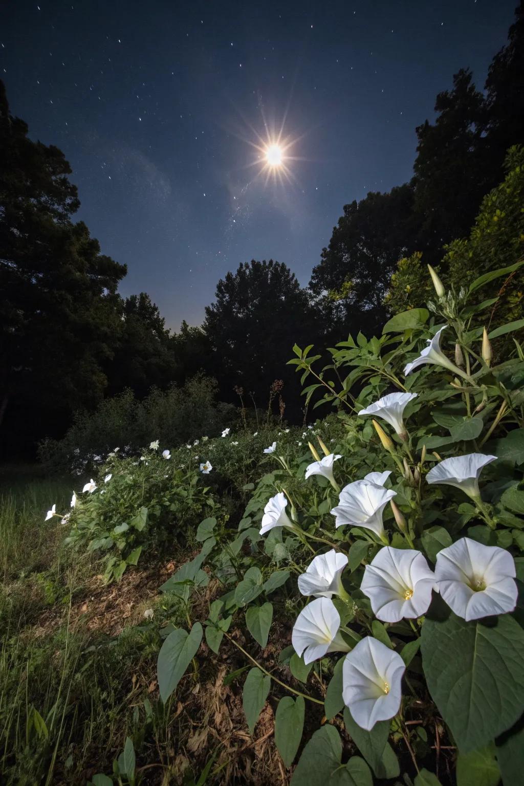 A moonlit garden offers solace during evening hours.