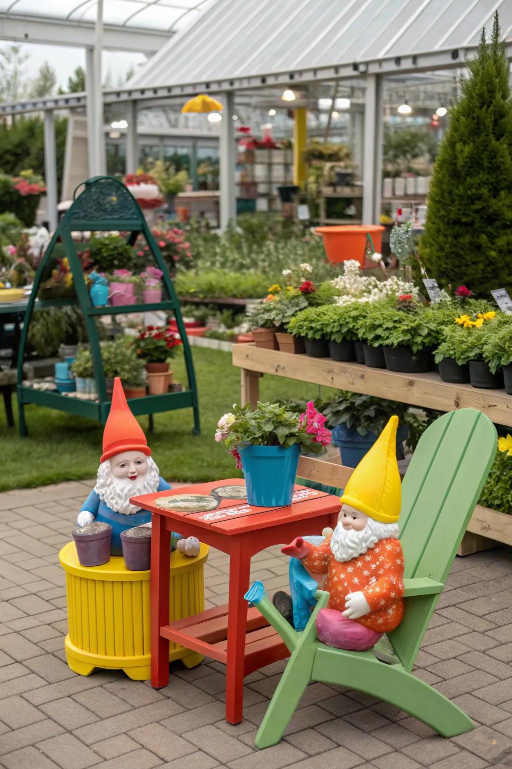 A fun garden display with quirky props and personality.