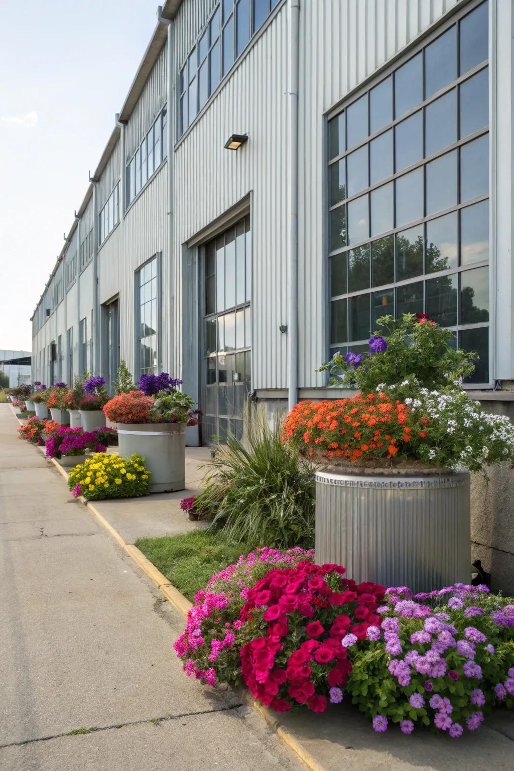 Seasonal blooms enhancing the appeal of a metal building.