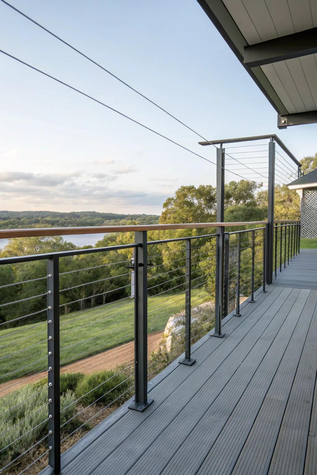 Minimalist look with cable and metal horizontal railings.