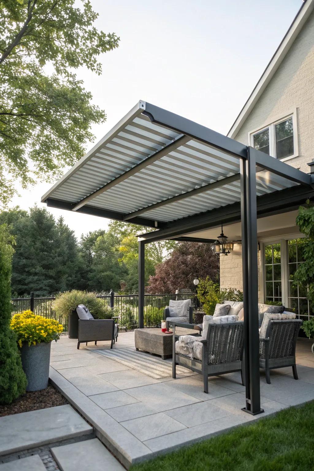 A metal awning offering shade and style to this inviting patio space.
