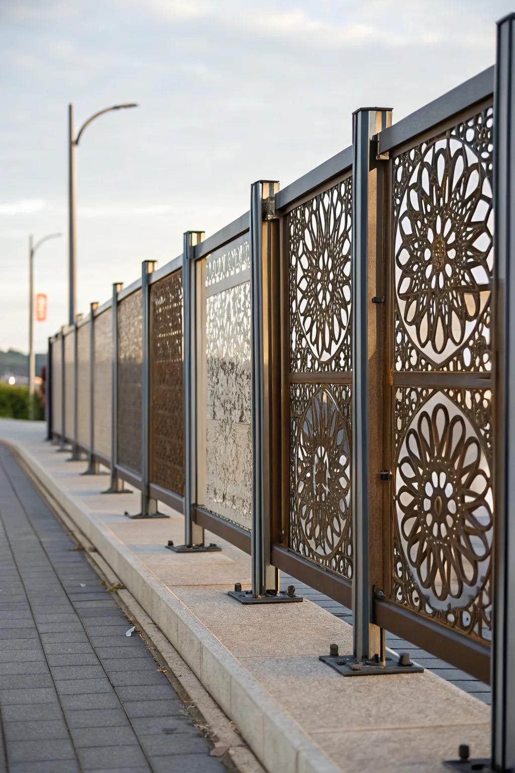 Intricate garden fence with laser-cut metal panels and metal posts.