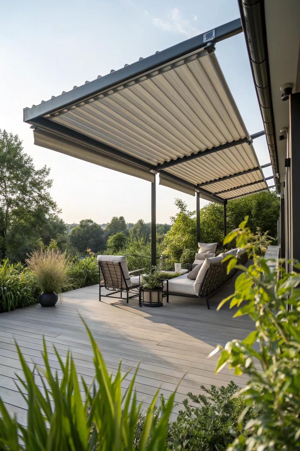 Retractable metal awning for versatile outdoor living.