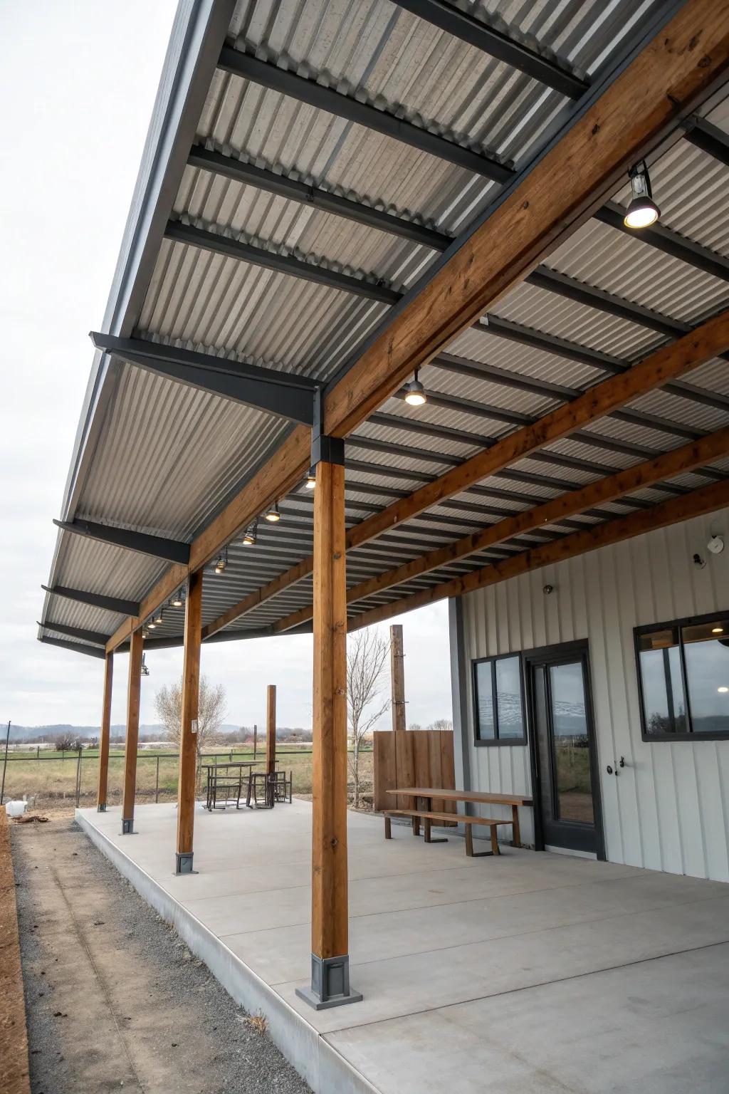 An industrial chic patio with exposed metal beams.
