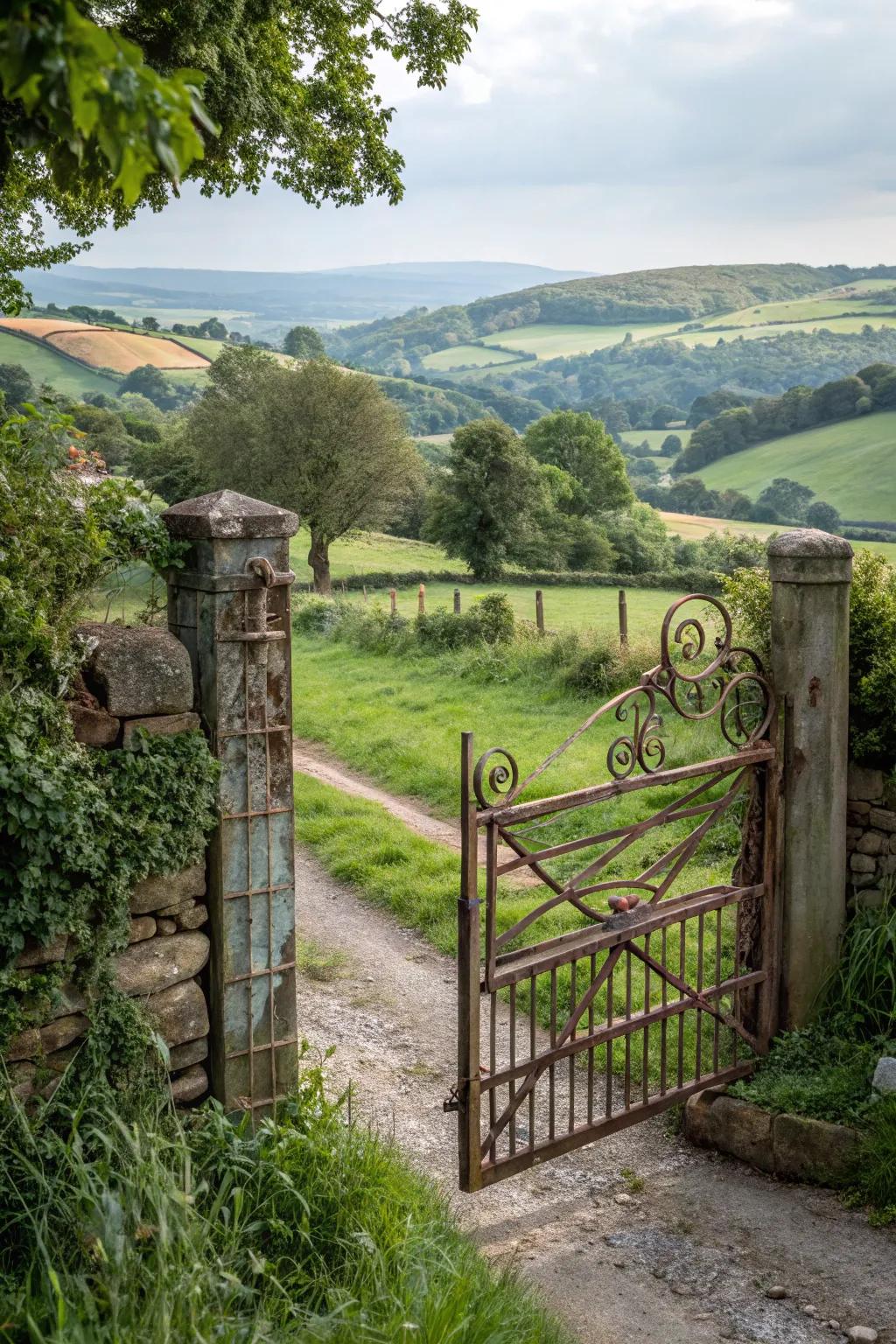 Rustic metal gate brings country charm to the garden