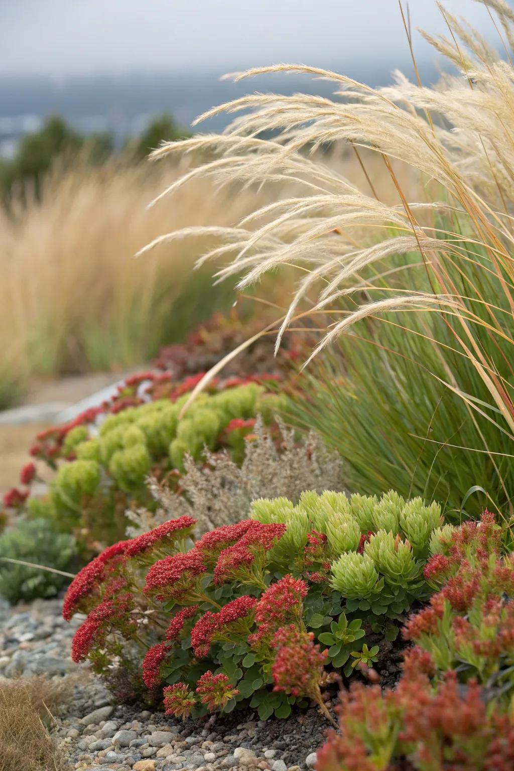 Sedum adds structure to Mexican feather grass gardens.