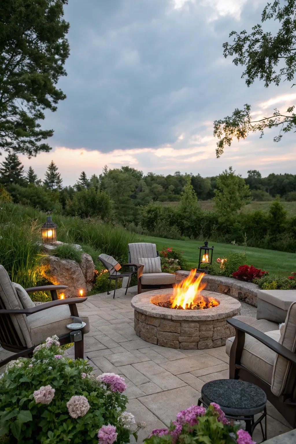 A cozy outdoor fire pit surrounded by comfortable seating.
