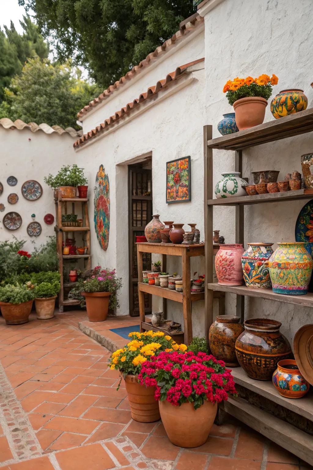 A Mexican patio with artisan pottery pieces displayed, adding authenticity.