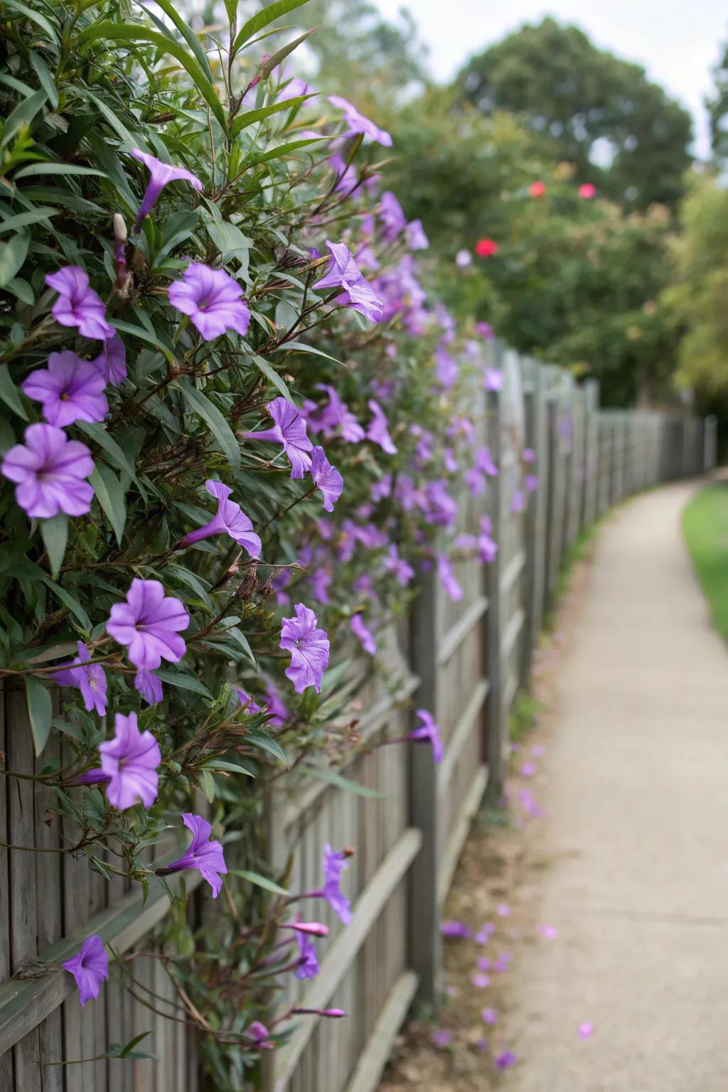 Mexican petunias serve as a colorful natural privacy screen.