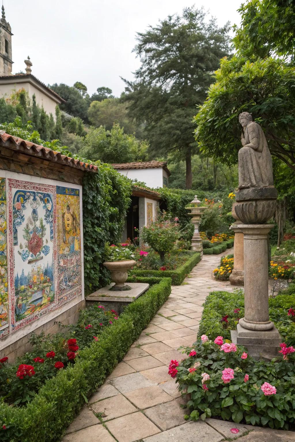 Cultural artifacts personalize the garden with unique character.