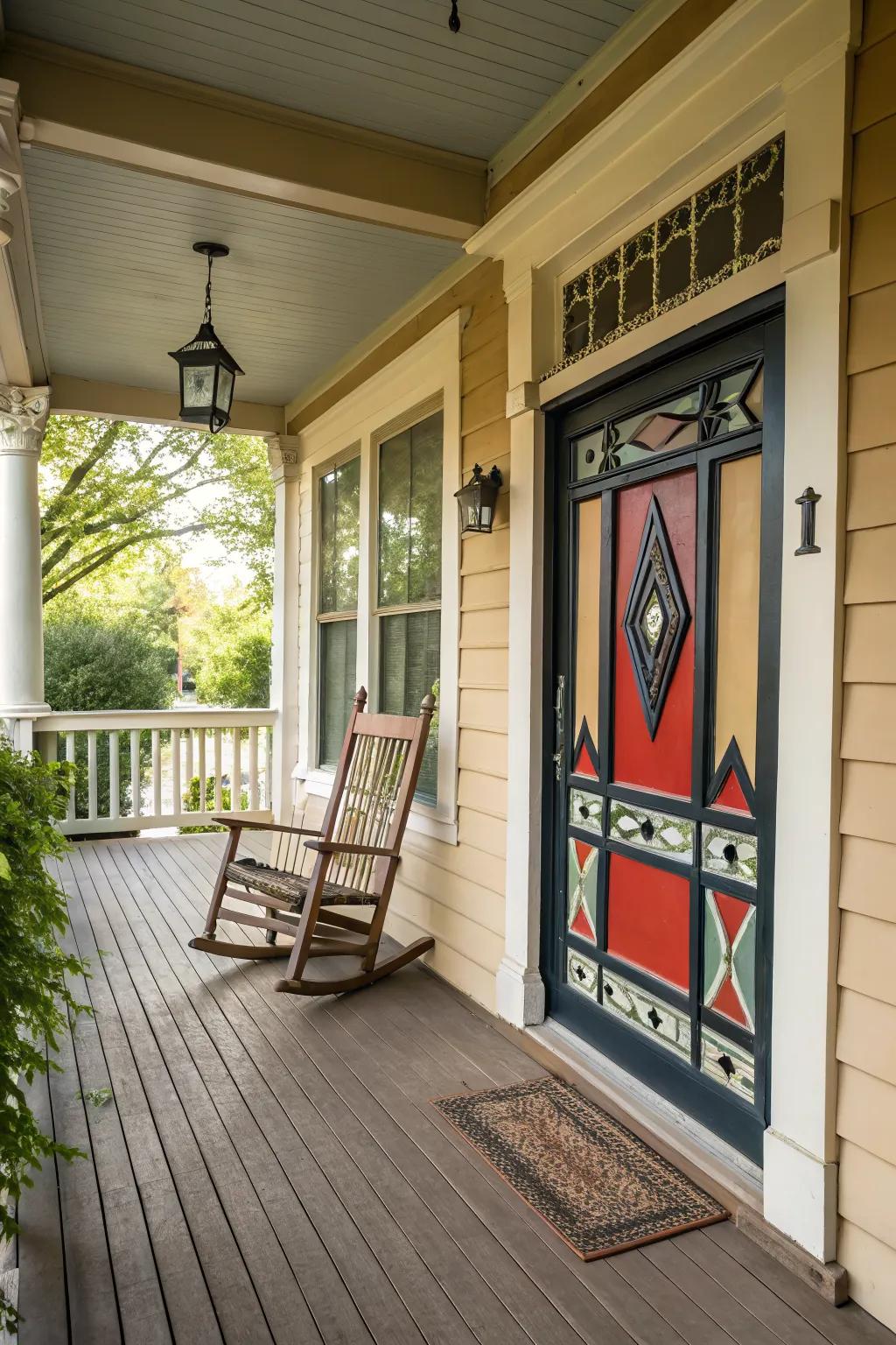 A unique door design serves as a porch showstopper.