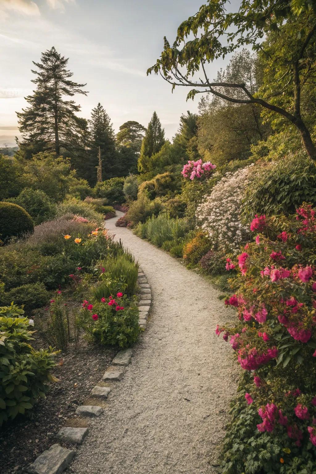 Gravel pathways add texture and contrast to the lush garden.