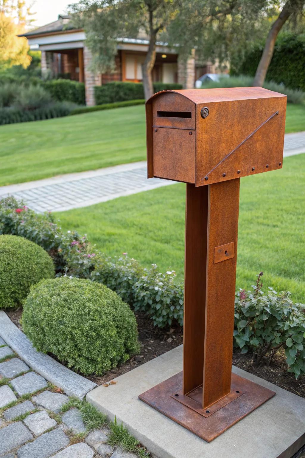 A Corten steel mailbox that stands out for its industrial charm.