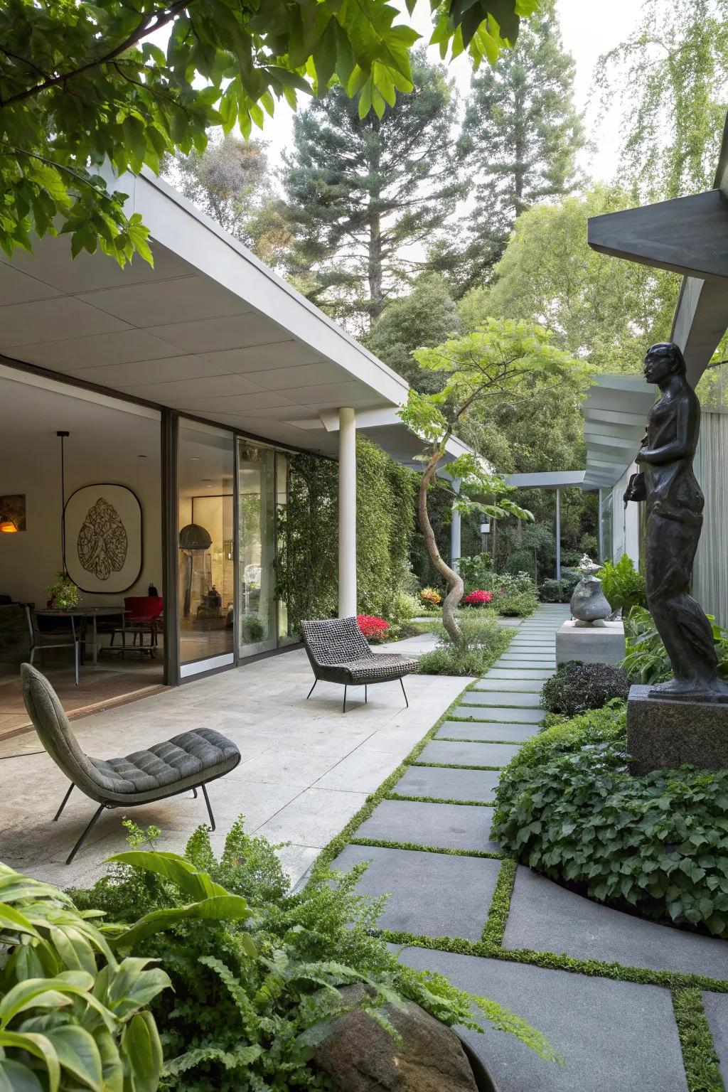 Sculptural elements add an artistic touch to this patio.