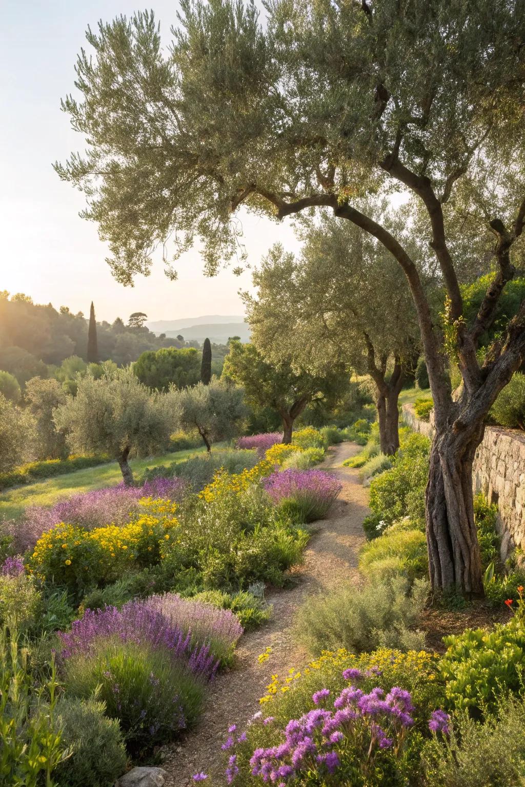 Mediterranean flair with milkweed, olive trees, and lavender.