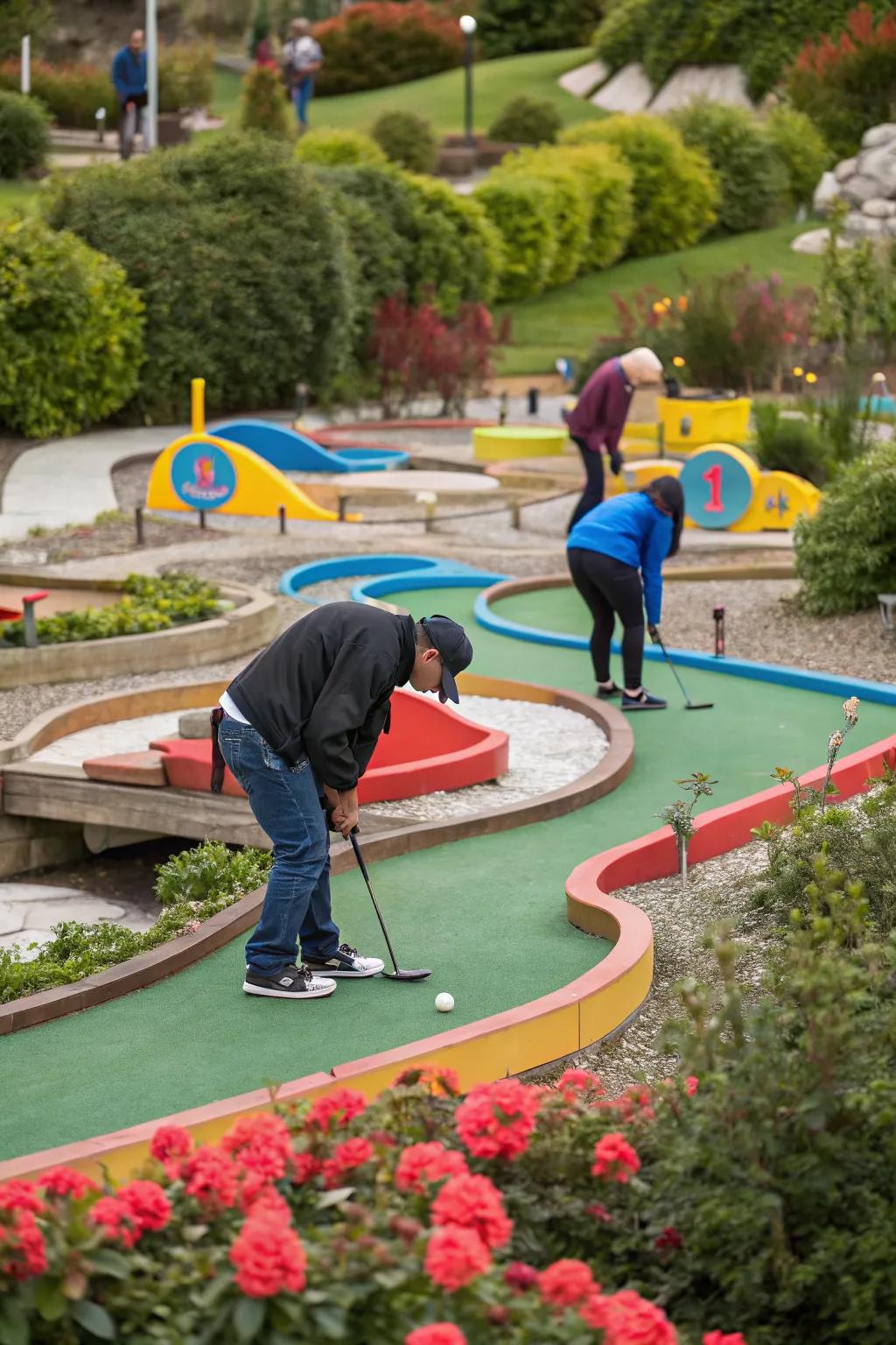 A mini golf course with playful surprise elements that add intrigue and excitement.