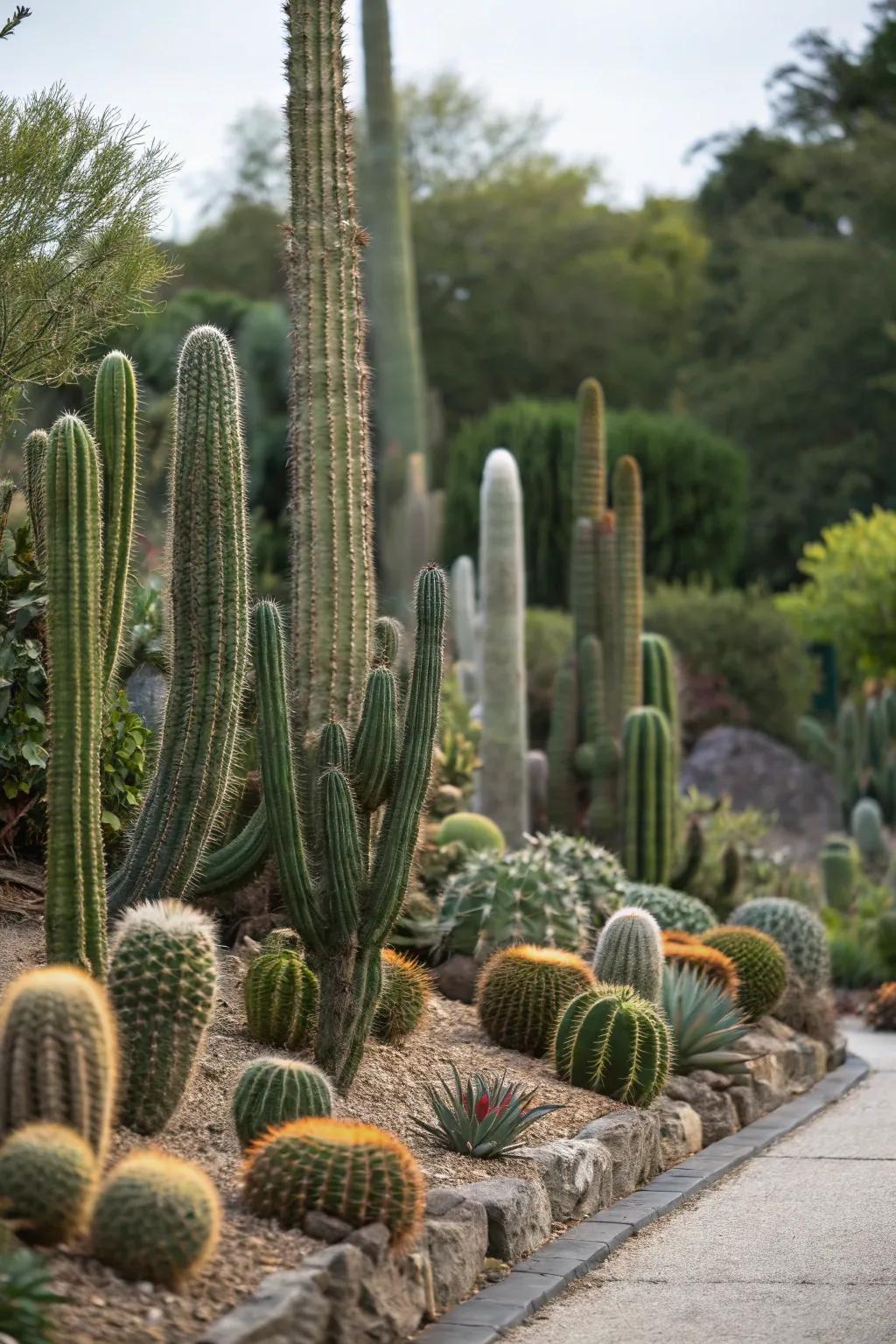 Layered heights of cacti adding depth to the garden.