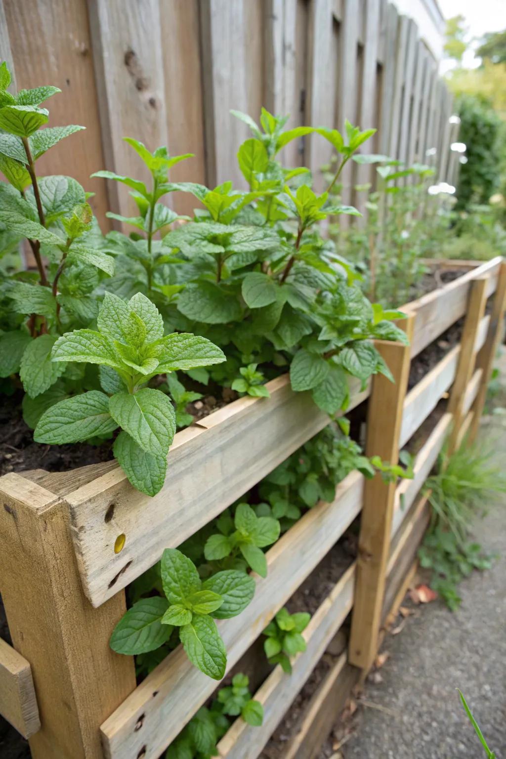 A rustic pallet planter showcasing healthy mint.