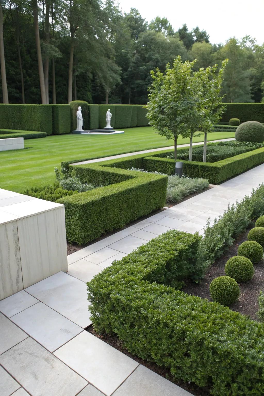A mixed hedge with minimalist design in a modern garden.