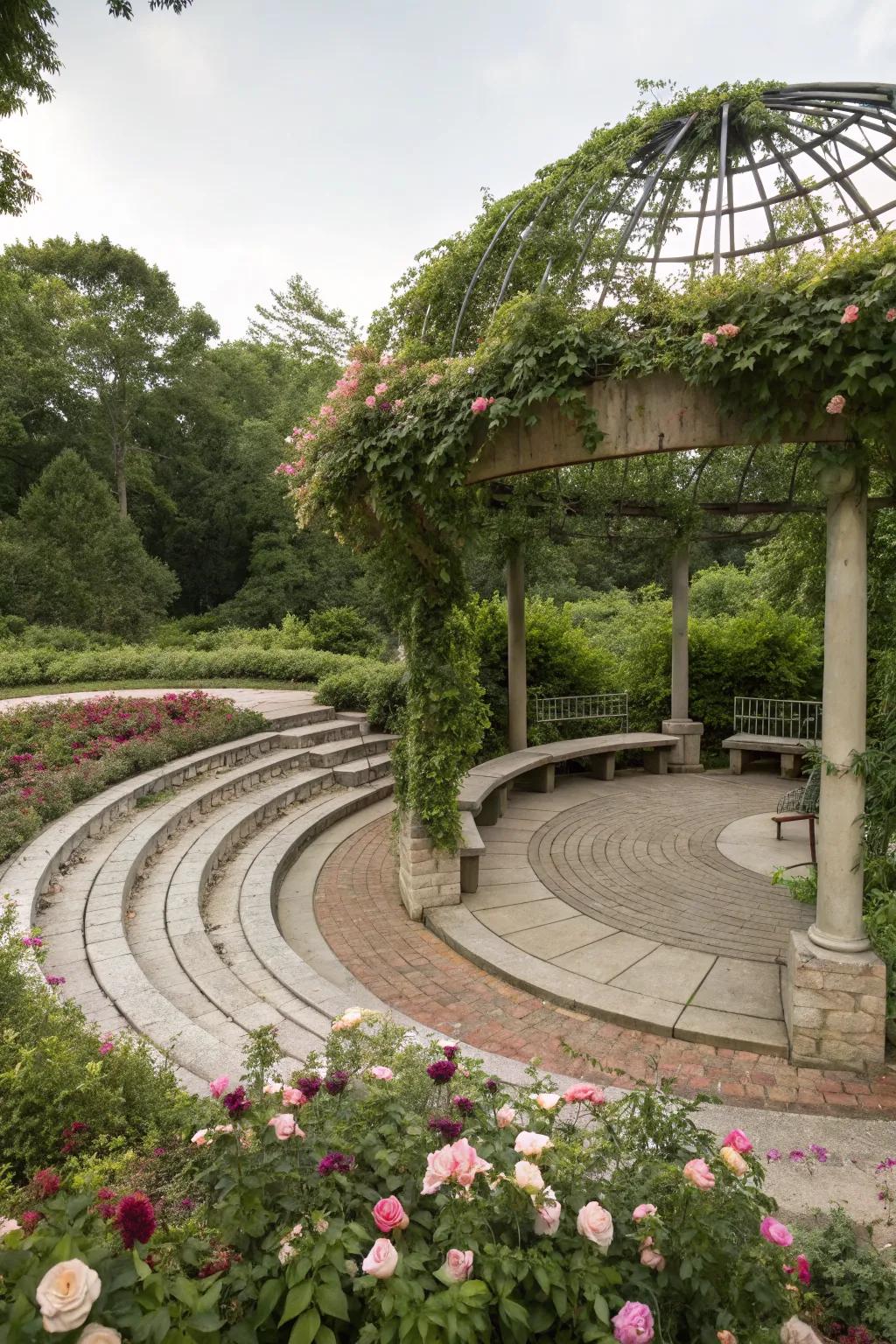 Circular gazebo offers a serene and inviting space.