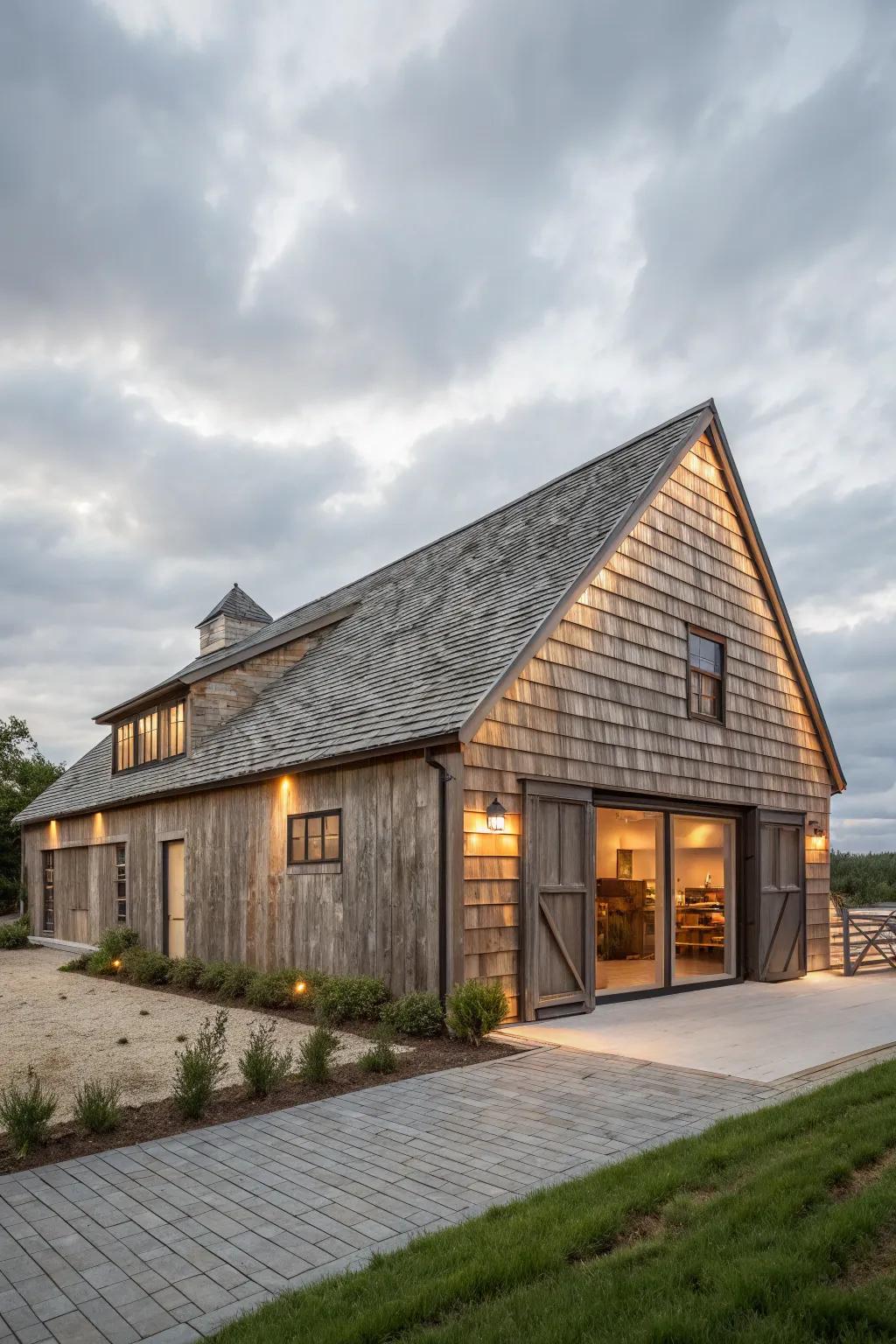 A barn house with an integrated garage that maintains a clean aesthetic.