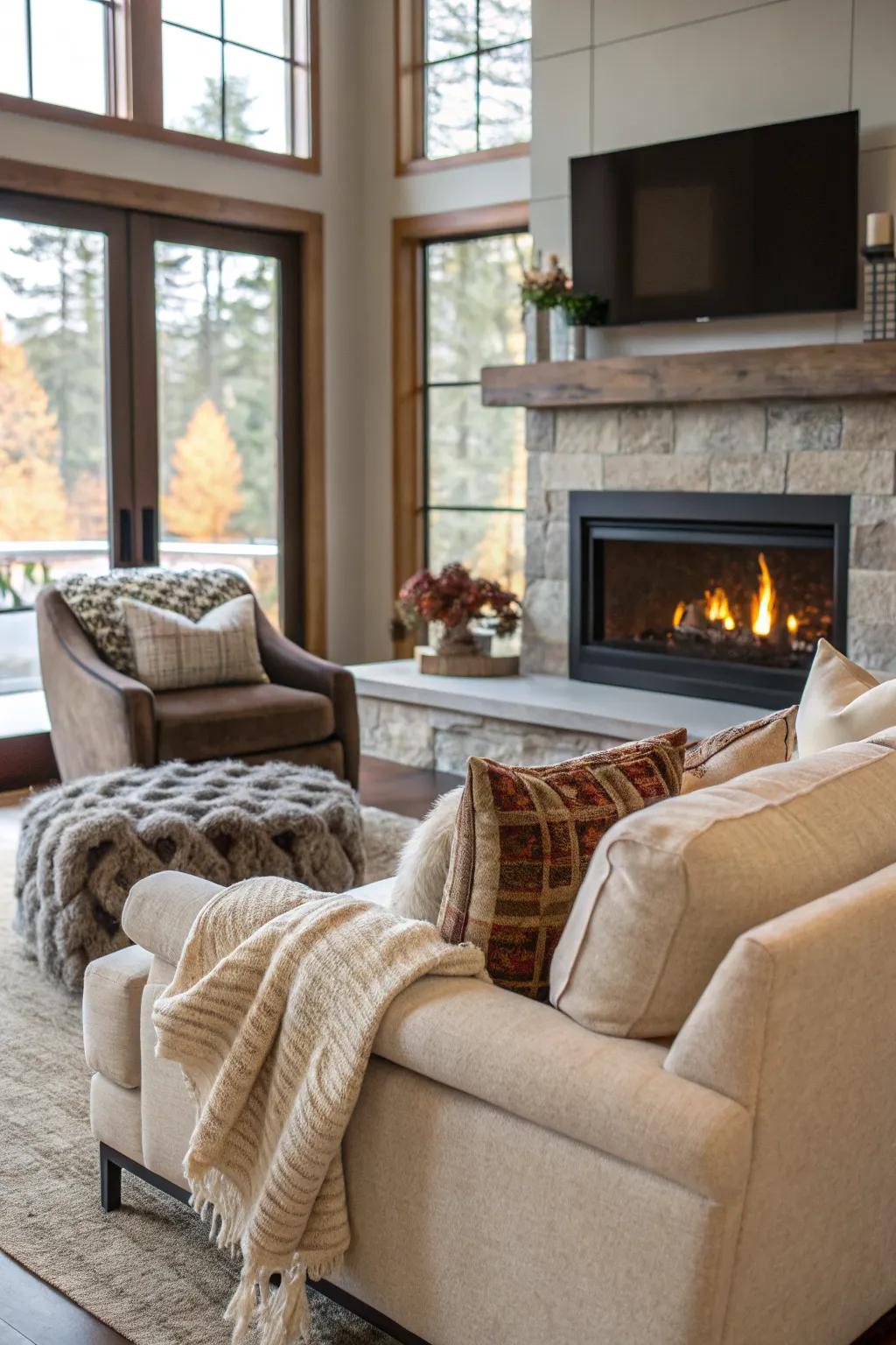 Comfortable seating around a modern fireplace for cozy relaxation.