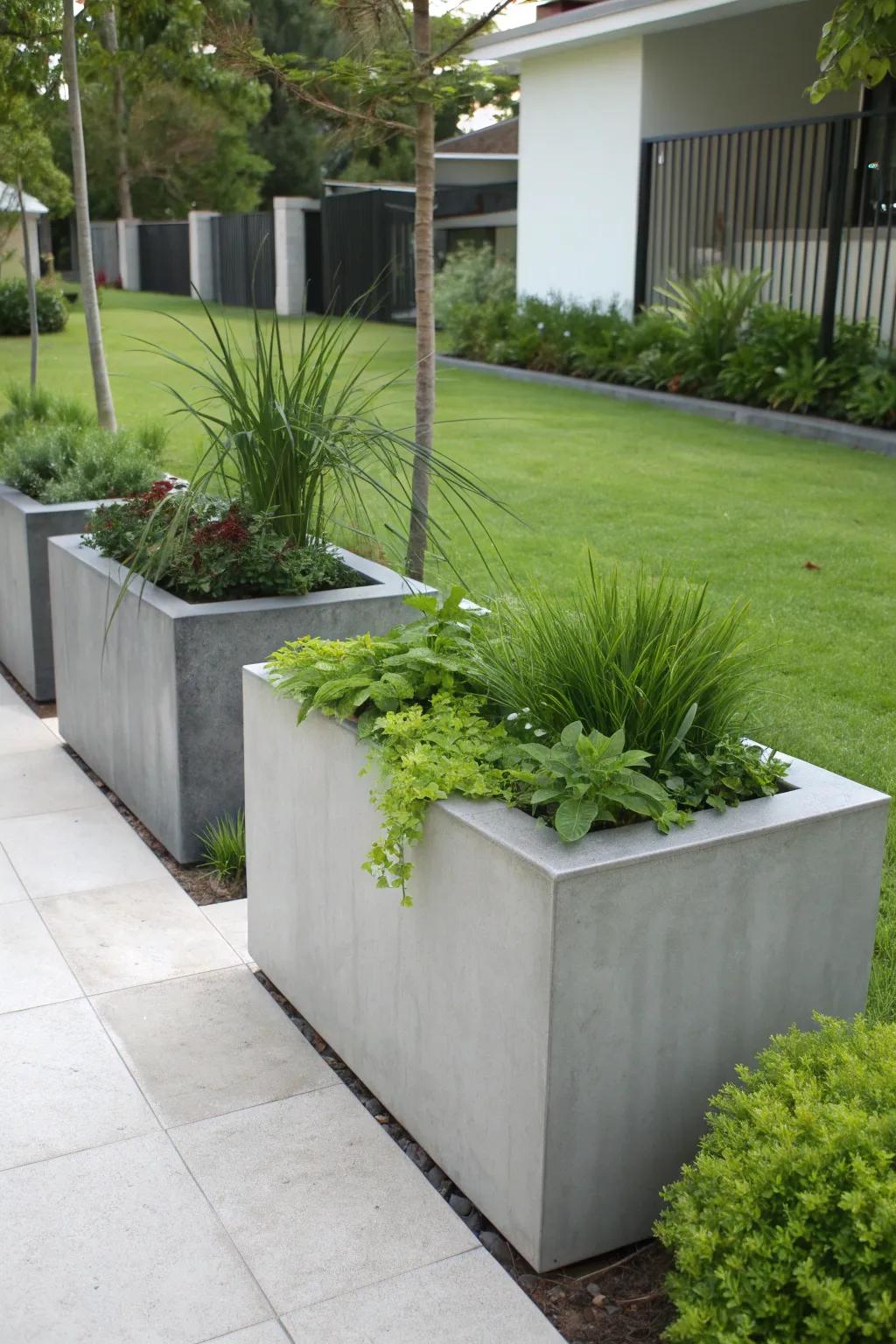 Concrete planters combine greenery with sleek, modern design.