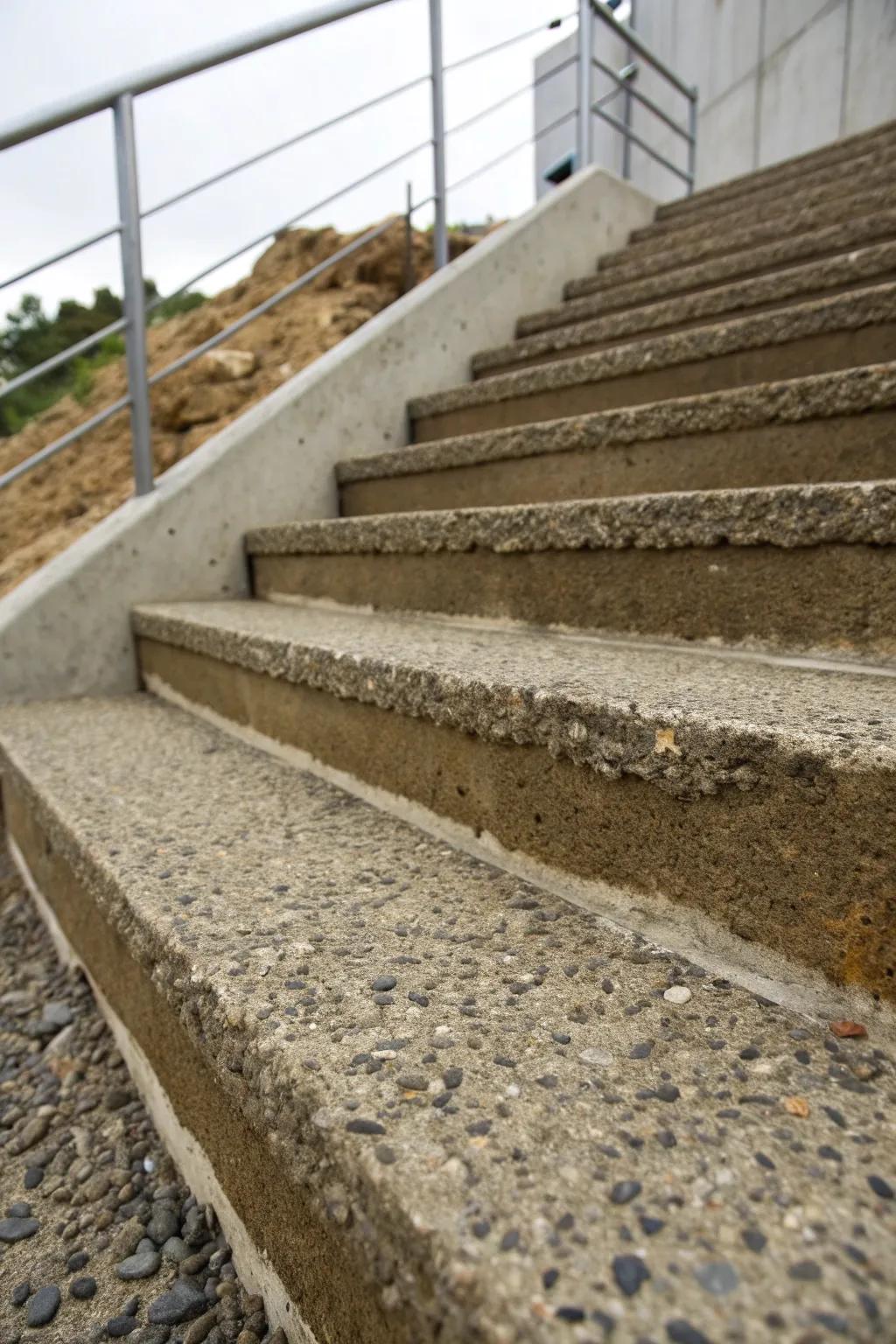 Textured concrete steps with aggregate effects.