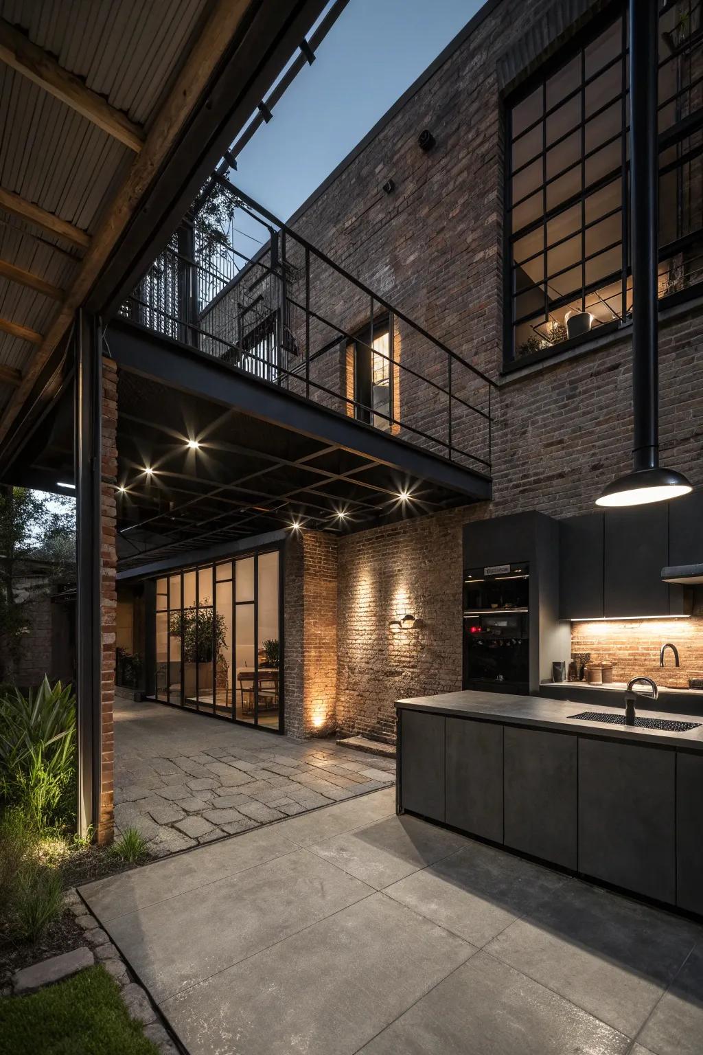 A modern dark house showcasing industrial design features.