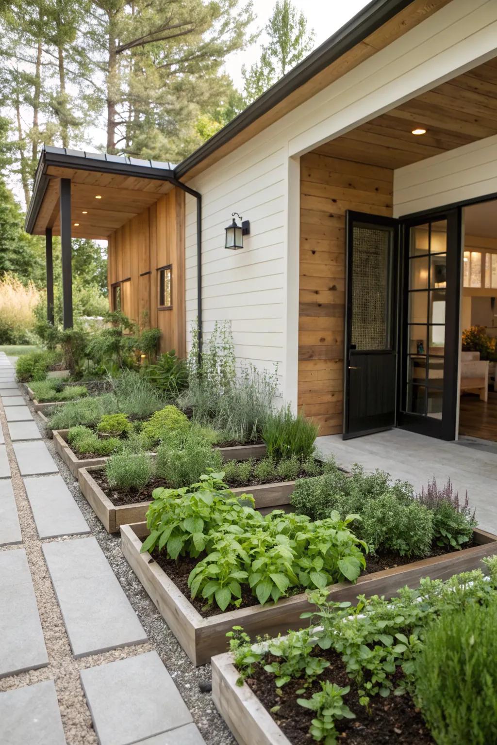 An herb garden near the entrance offers practicality and fragrance.