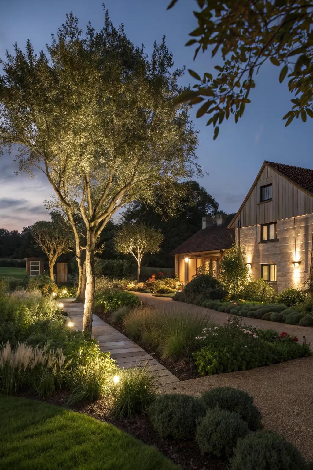 Uplighting highlights the beauty of plants and trees in this serene garden.