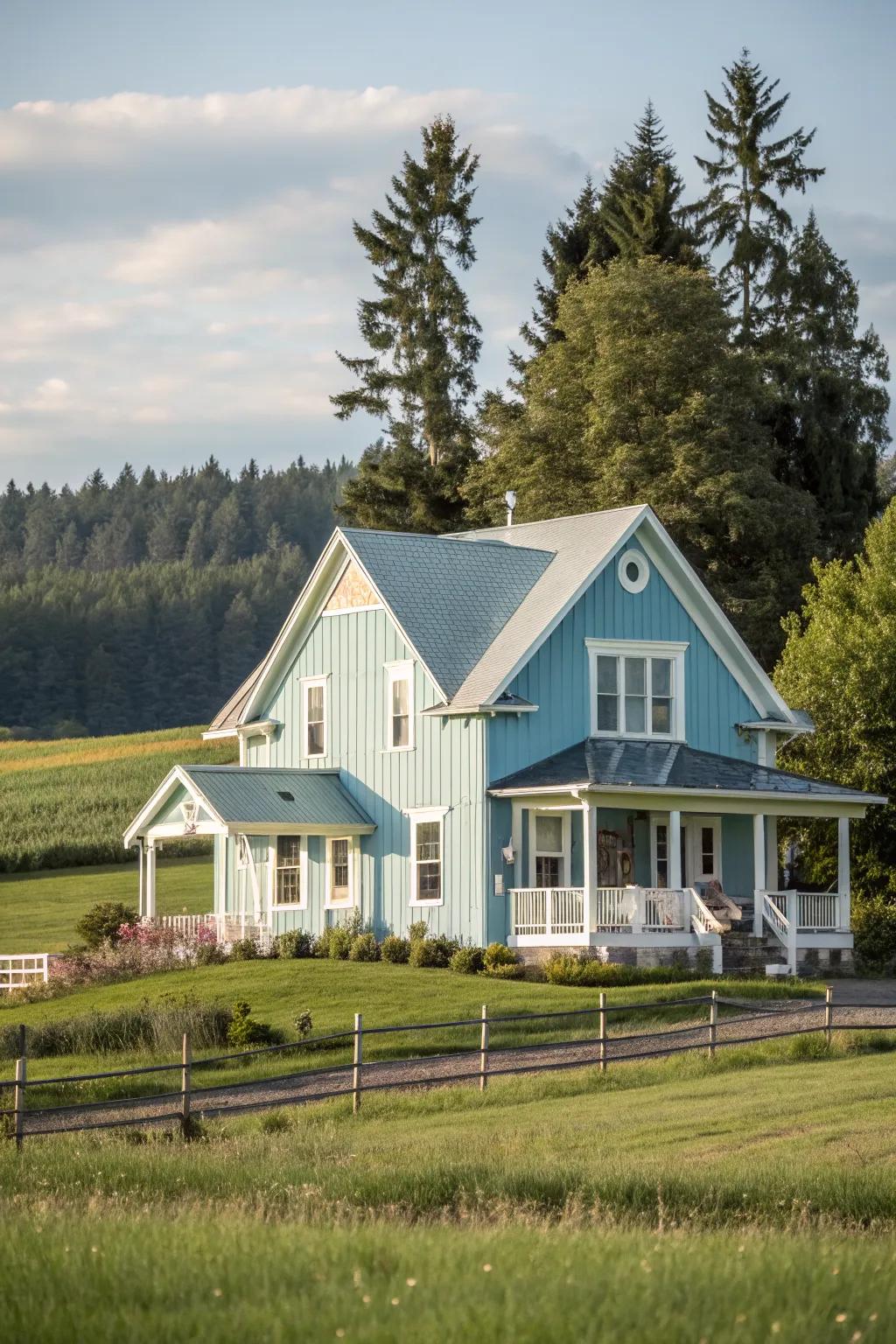 Gentle accent colors adding charm to the farmhouse exterior.