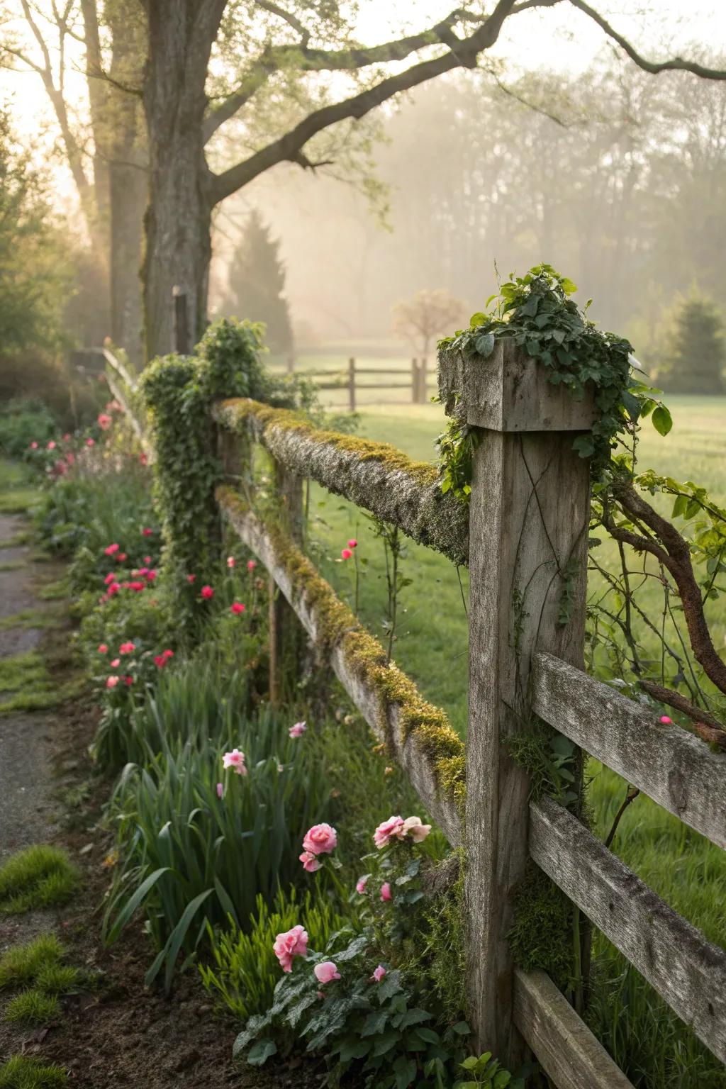 Weathered wood fences offer rustic charm and warmth.