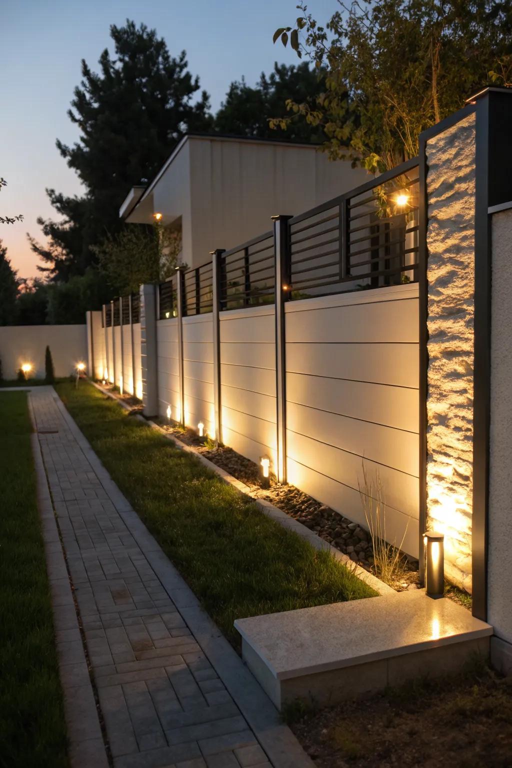 In-ground fixtures highlight the beauty of a modern garden fence.