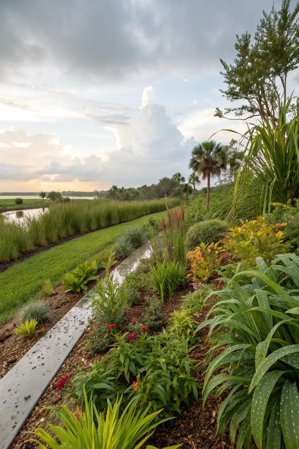 A sustainable rain garden with native plants.