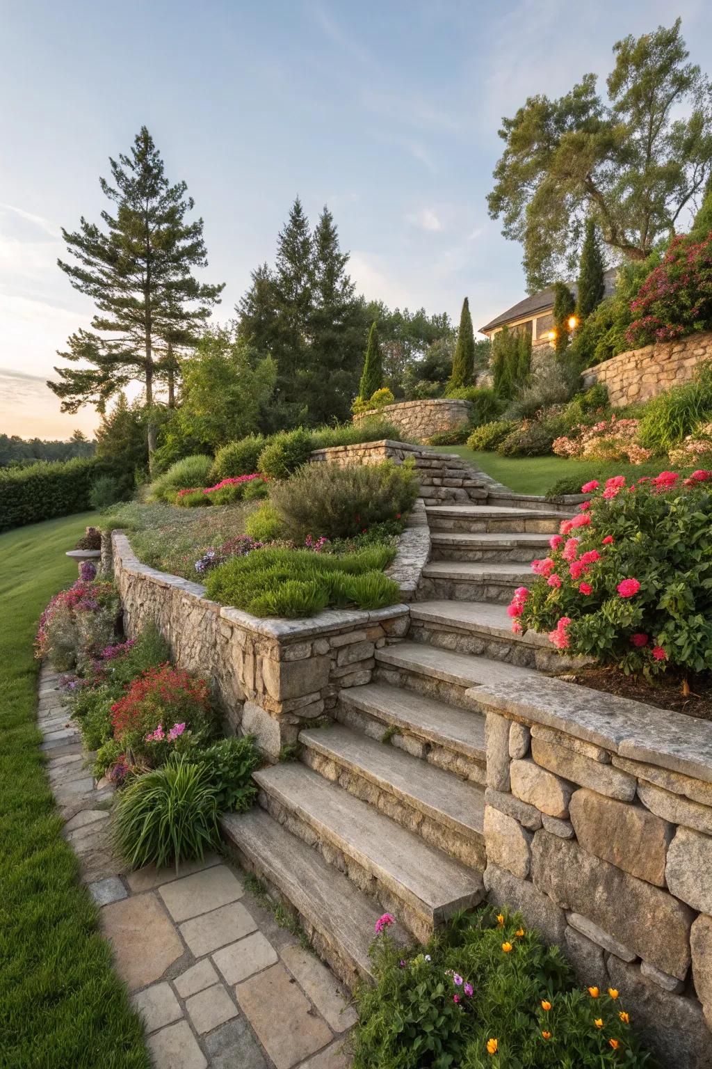 Stone steps and walls enhance garden depth